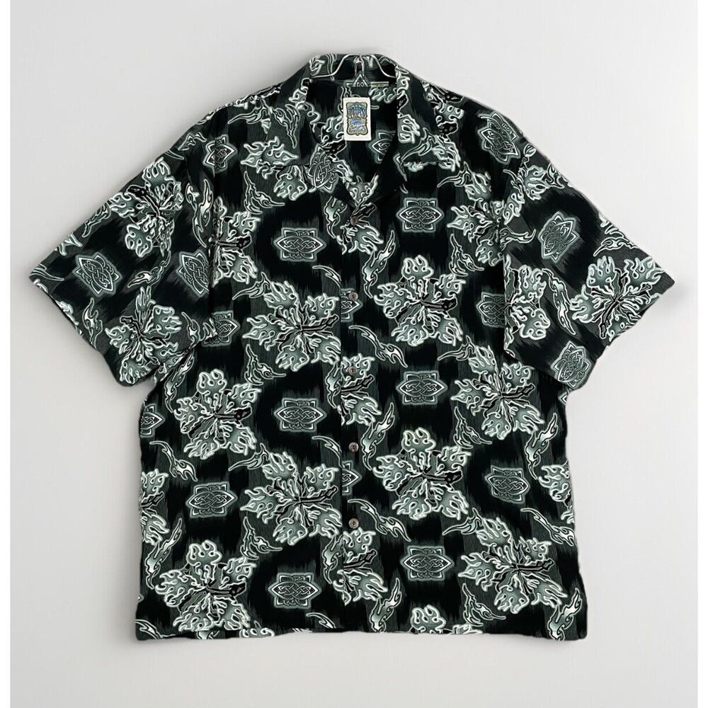 Vintage Y2K Hawaiian Button Shirt Mens Sz L 2000s Grunge Flames Tattoo Punk Rock
